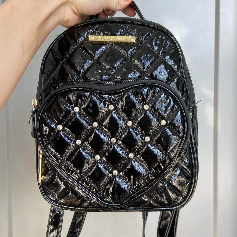 Betsey Johnson Faux Patent Leather Quilted Heart Backpack